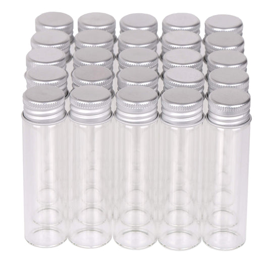 MaxMau Pack of 100, 20ml Small Glass Bottles with Metal Cap Screw Top Lids Tiny Vials Mini Jars Glass Tube for Beads Glitter Seed Samplers Storage