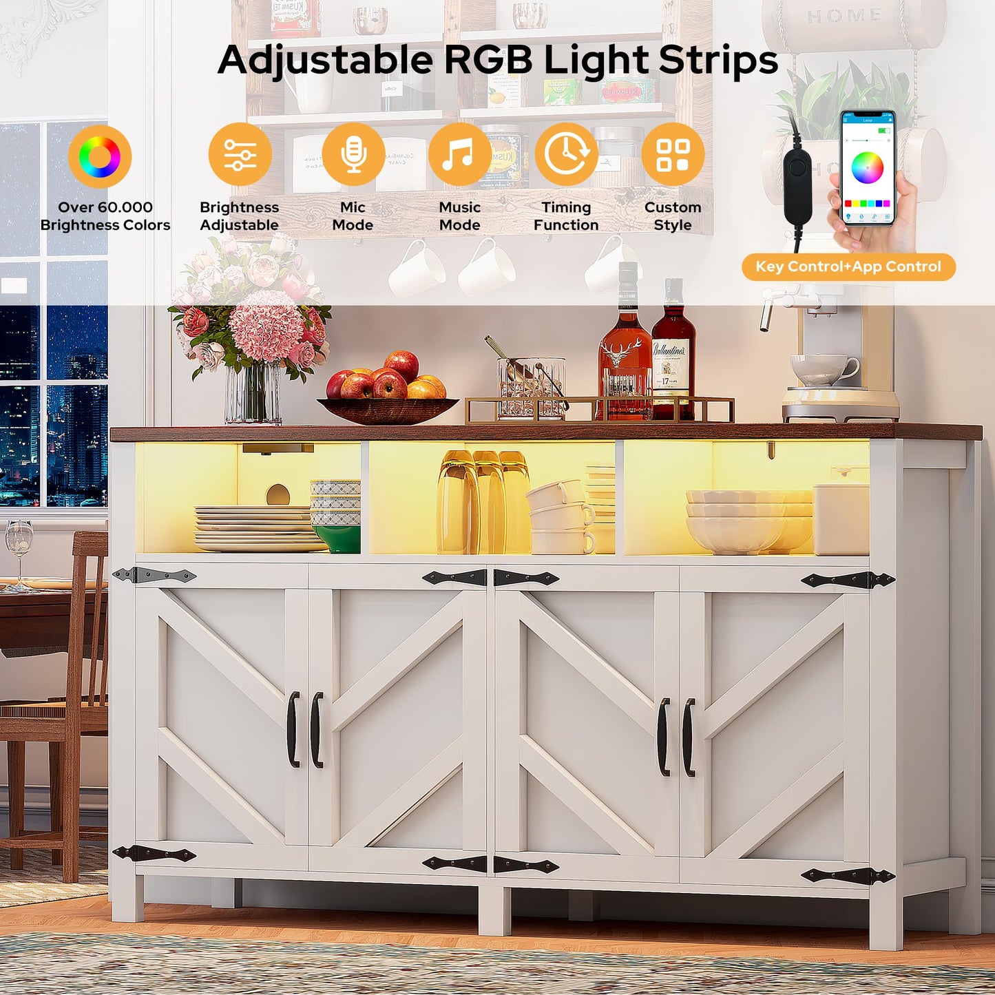 knoworld Buffet Sideboard with Storage with Power Outlets & LED Light 4 Doors, 55'' Large Farmhouse Kitchen Storage Cabinet Wood Coffee Bar Cabinet Buffet Table for Kitchen, Dining Room, Entryway