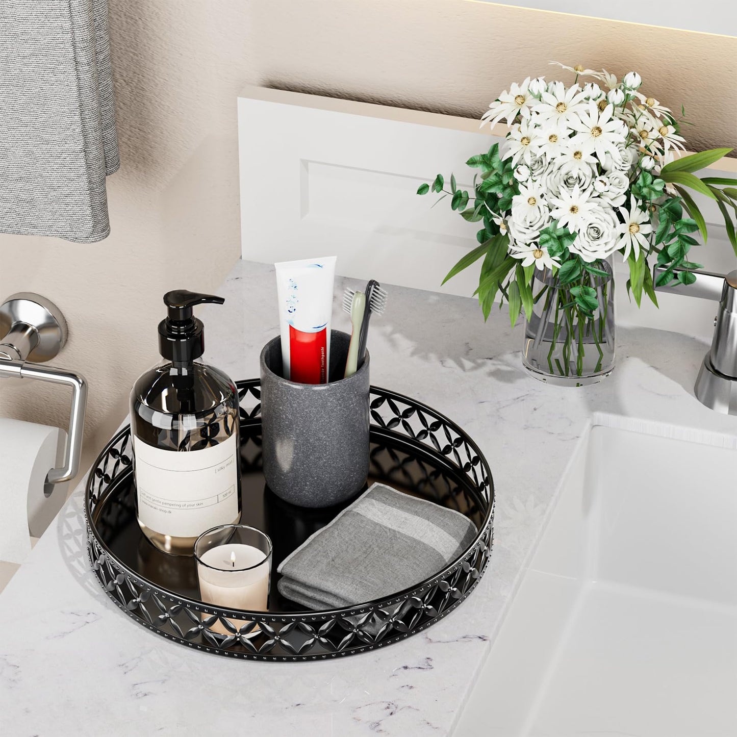 Vanity Tray for Bathroom Counter - 11 Inch Black Decorative Tray Bathroom Counter Tray Organizer for Perfume Cosmetics Jewelry Makeup