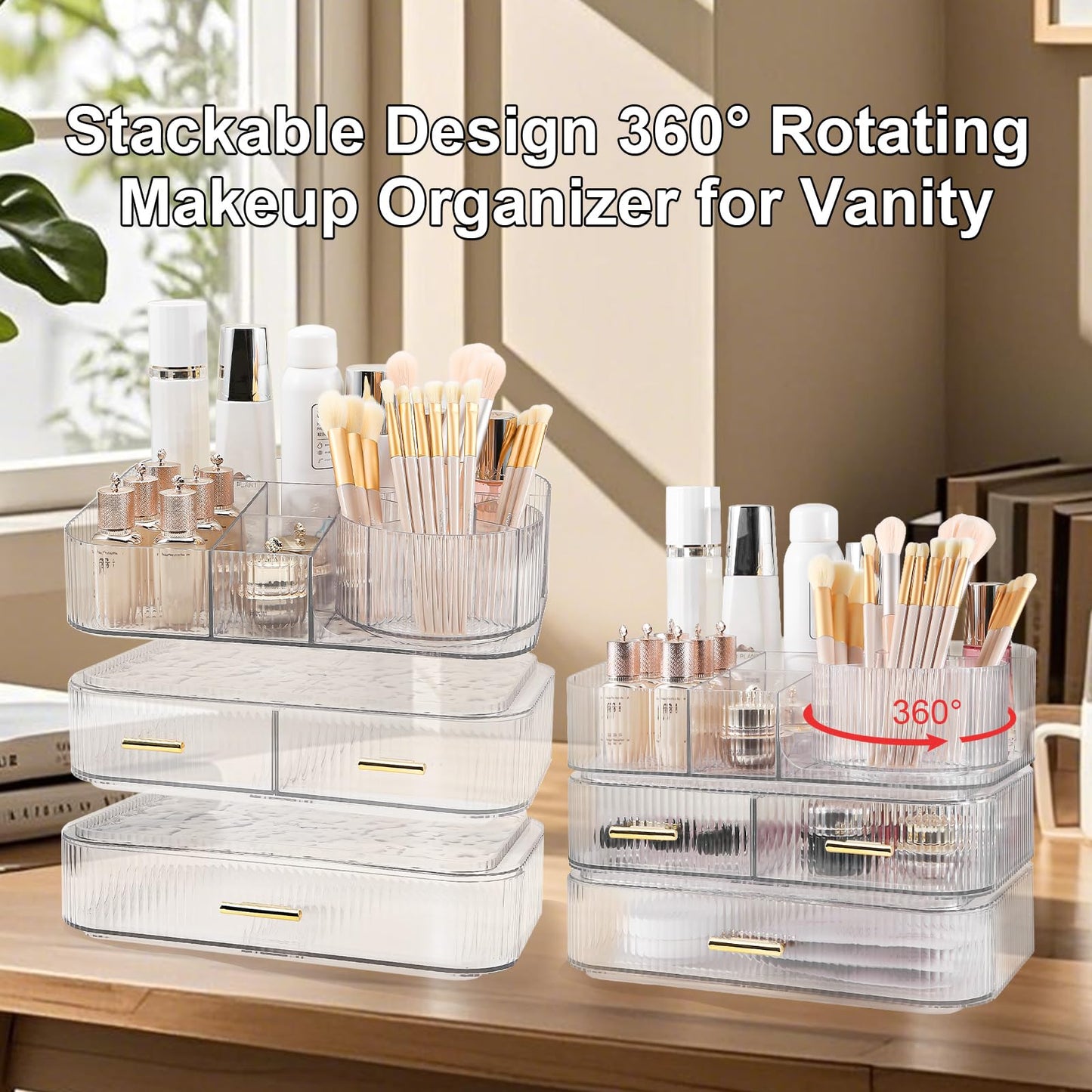 DASITON Makeup Organizer with Drawers and Rotating Makeup Brush Holder,Large Capacity Stackable Cosmetic Organizer Countertop,Bathroom Organizers and Storage,Make up Organizers for Vanity (Clear 03)