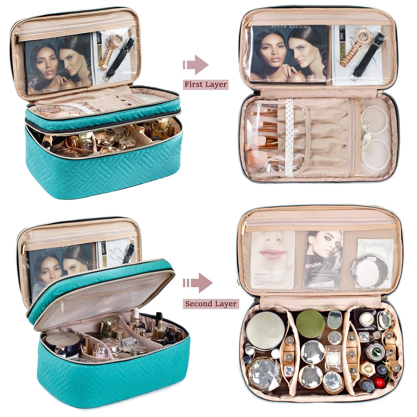 AMOIGEE Large Makeup Bag, Travel Makeup Bag Organizer, Double Layer Train Case Makeup Bag, Toiletry Bag for Makeup Brushes, Full Size Bottles, Palettes Sponge, Cosmetic Organizer