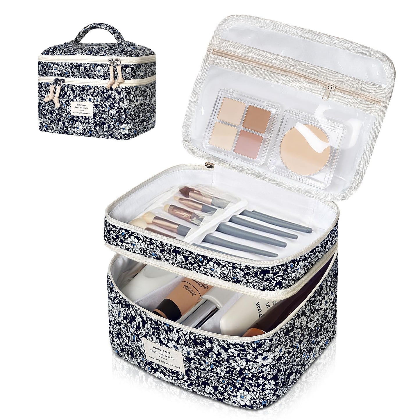Gosect Makeup Bag, Portable Travel Make up Bag, Large Capacity Quilted Cosmetic Organizer Bag, Cute Floral Toiletry Bag for Women Girls (Black Rose)