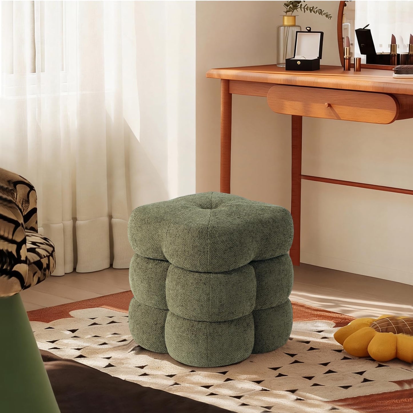 Get Set Style 360° Swivel Flower Ottoman, Linen Vanity Stool Footrest with 300LBS Capacity, No Assembly Small Space Accent Chair for Living Room Bedroom Entryway(Olive Green)