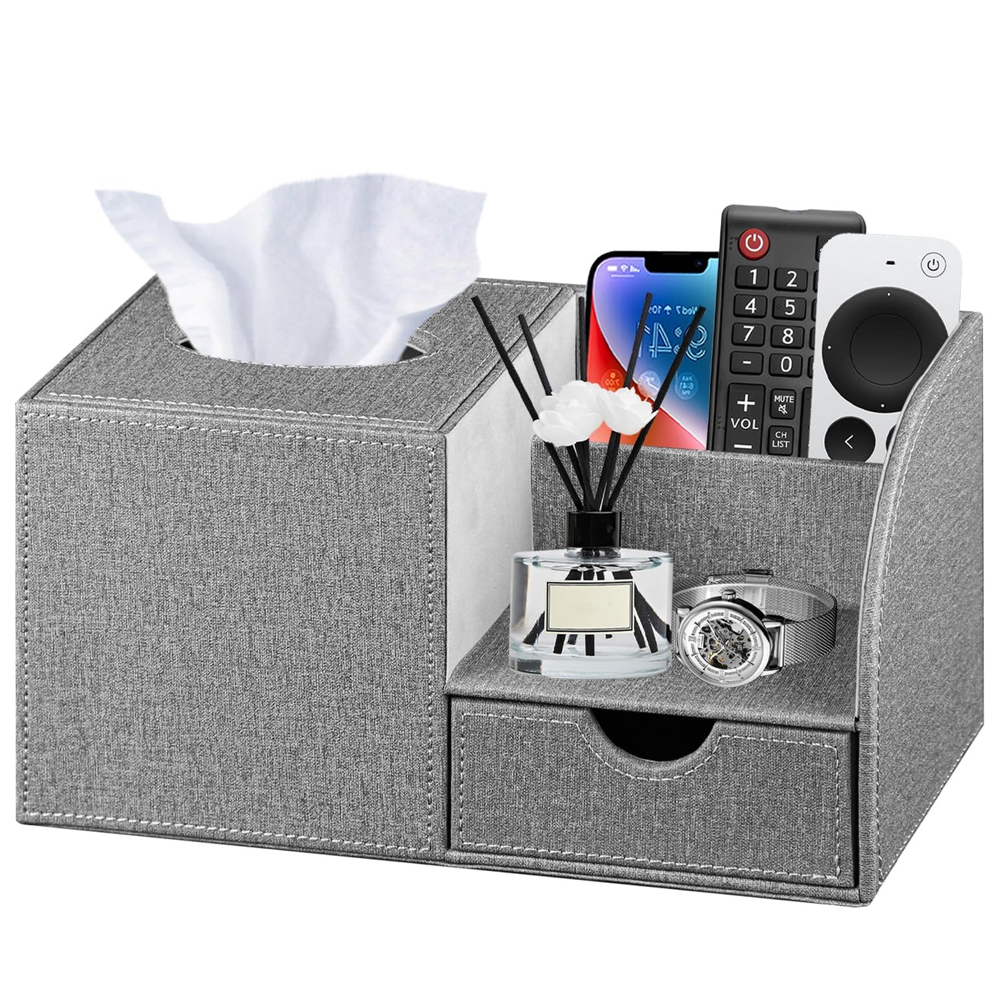 Nightstand Organizer with Tissue Holder,PU Leather Square Tissue Box Cover,Modern Facial Paper Organizer Storage Box for Remote Control,Bathroom,Vanity Countertop,End Table Home Office.Gray