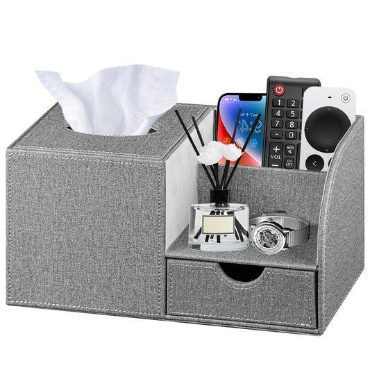 Nightstand Organizer with Tissue Holder,PU Leather Square Tissue Box Cover,Modern Facial Paper Organizer Storage Box for Remote Control,Bathroom,Vanity Countertop,End Table Home Office.Gray