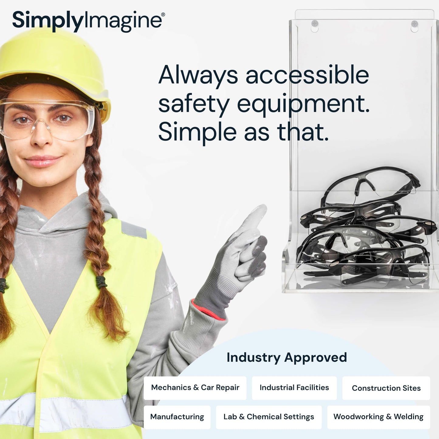 SimplyImagine Safety Glasses Holder Wall Mount Dispenser Bin - Clear Acrylic Top-Loading Organizer - Tabletop & Wall-Mounted Safety Glasses Dispenser - Slanted Tray for Industrial, Lab, Dental Use