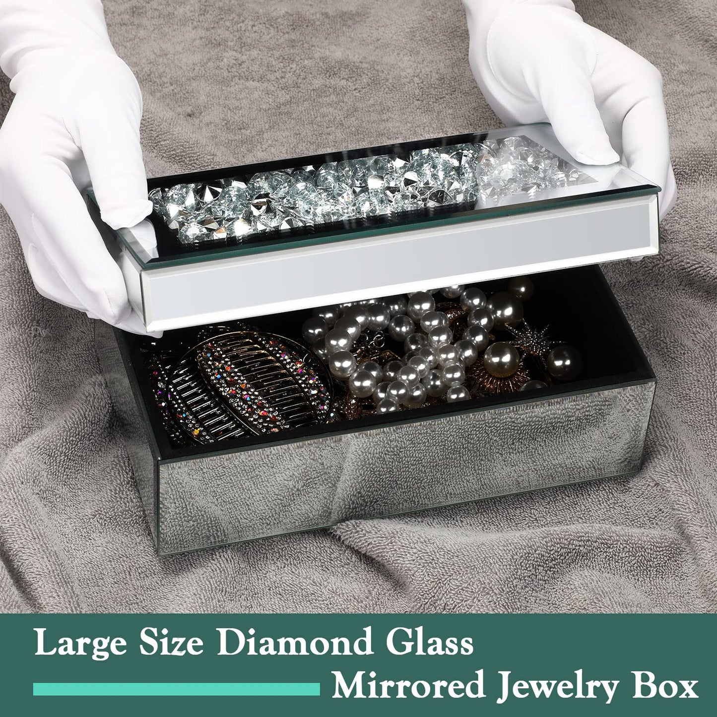 Kenning Luxury Silver Crushed Diamond Jewelry Box, Mirrored Glass Organizer for Women, Sparkly Keepsake Storage for Rings, Earrings & Necklaces, Elegant Vanity Decor