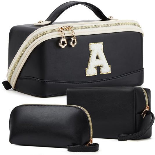 YTL Travel Makeup Bag, Large Capacity Cosmetic Bag for Women, Waterproof PU Leather, Flat Open Portable Toiletry Bag for Skincare, Brushes & Travel Essentials