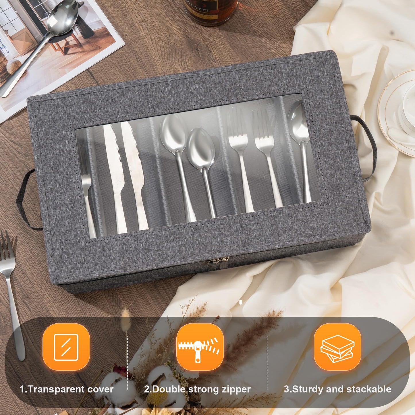 Lafulling Flatware Utensil Storage Case, Silverware Storage Box Chest with Adjustable Dividers, Cutlery Storage Holder with Zipper Lid for Organizing Cutlery, Flatware, Knives, Large Capacity Gray