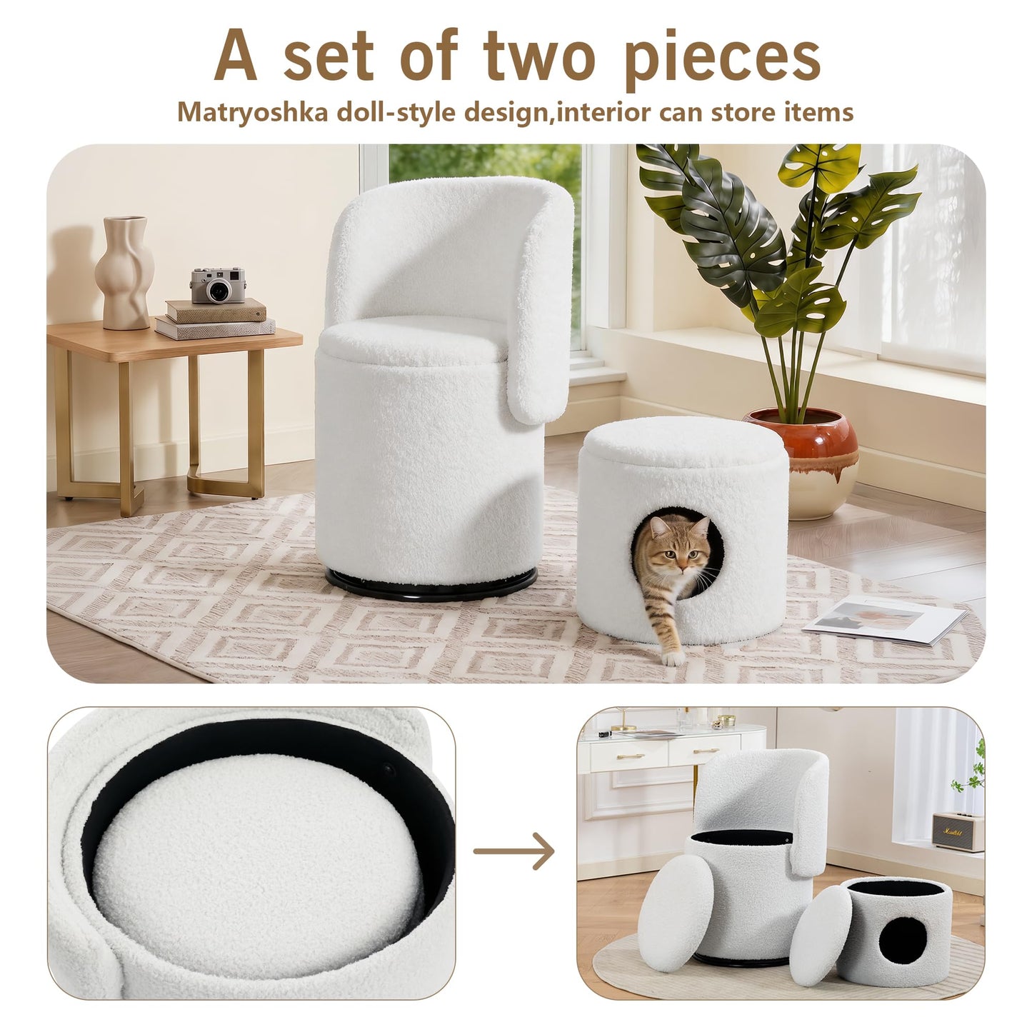 WOCFYK Swivel Vanity Chair with Storage and Matching Cat Bed Stool, 360 Degree Upholstered Barrel Chair, Teddy Fleece Makeup Chair with Back for Bedroom, Vanity Room, Dining Room, White Teddy Fleece