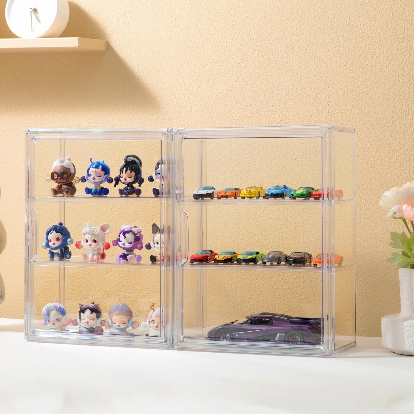 Attelite Acrylic Display Cases for Collectibles, 4 Pack 3 Layer Clear Display Case with Magnetic Door,Dustproof Clear Showcase with 2 Adjustable Divider Storage Box for Action Figure