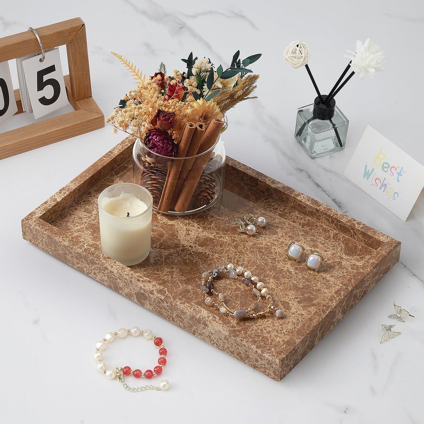 Marble Bathroom Tray,Pure Natural Vanity Tray,Marble Tray for Kitchen Counter Non-Ceramic/Non-Resin,Stone Trays 12 x 8 inch （Dark Brown）