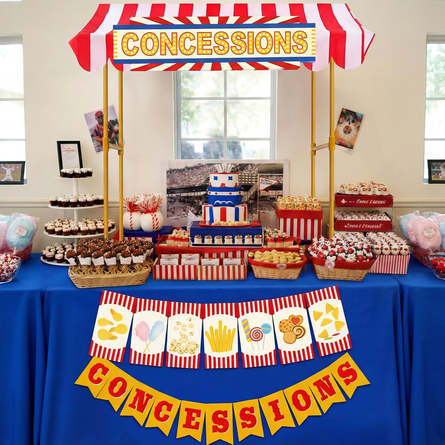 Tioncy 6 Pcs Concessions Stand Kits Hut Decor (Without Table) Include Shelf Banner Roof Pennant Table Skirt for Photo Props Outdoor Themed Party Decor (Desk Is Not Included)