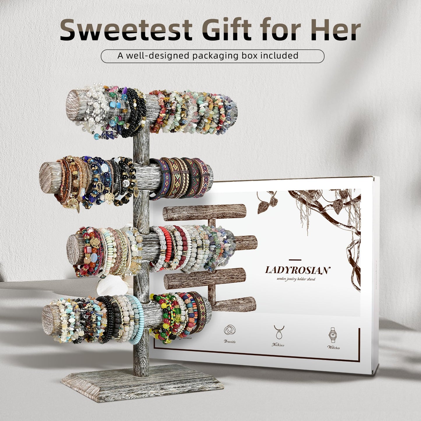 LadyRosian 4 Tier Wooden Display Jewelry Accessory Stand Jewelry Bracelet Holder Bangle Watch Necklace Storage Jewelry Holder Stand Display Organizer, (Antique White-4 layers)