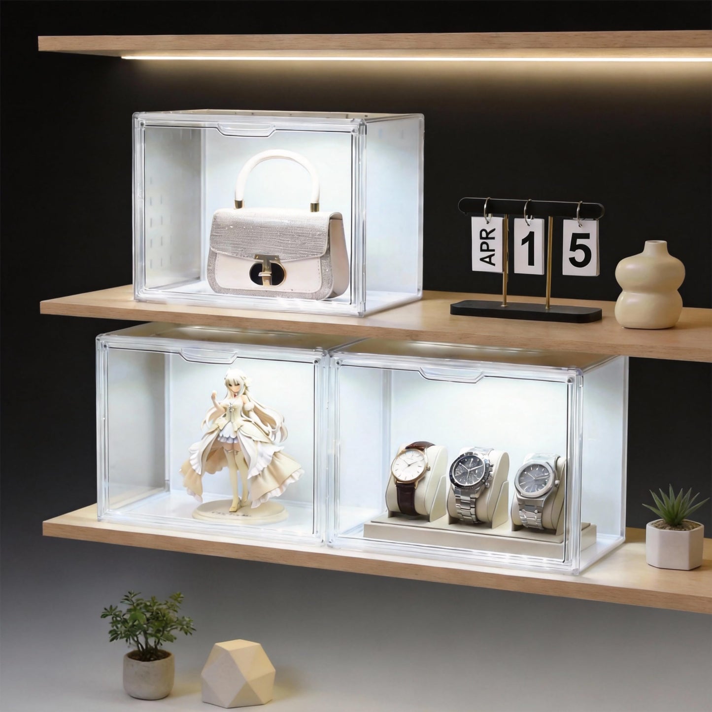 GUDEMAY Clear Acrylic Display Case with Light, Dustproof Stackable Showcase for Collectibles, Figures, Shoes, Toys & Jewelry - Plastic Storage Bins Support Voice Control Lighting