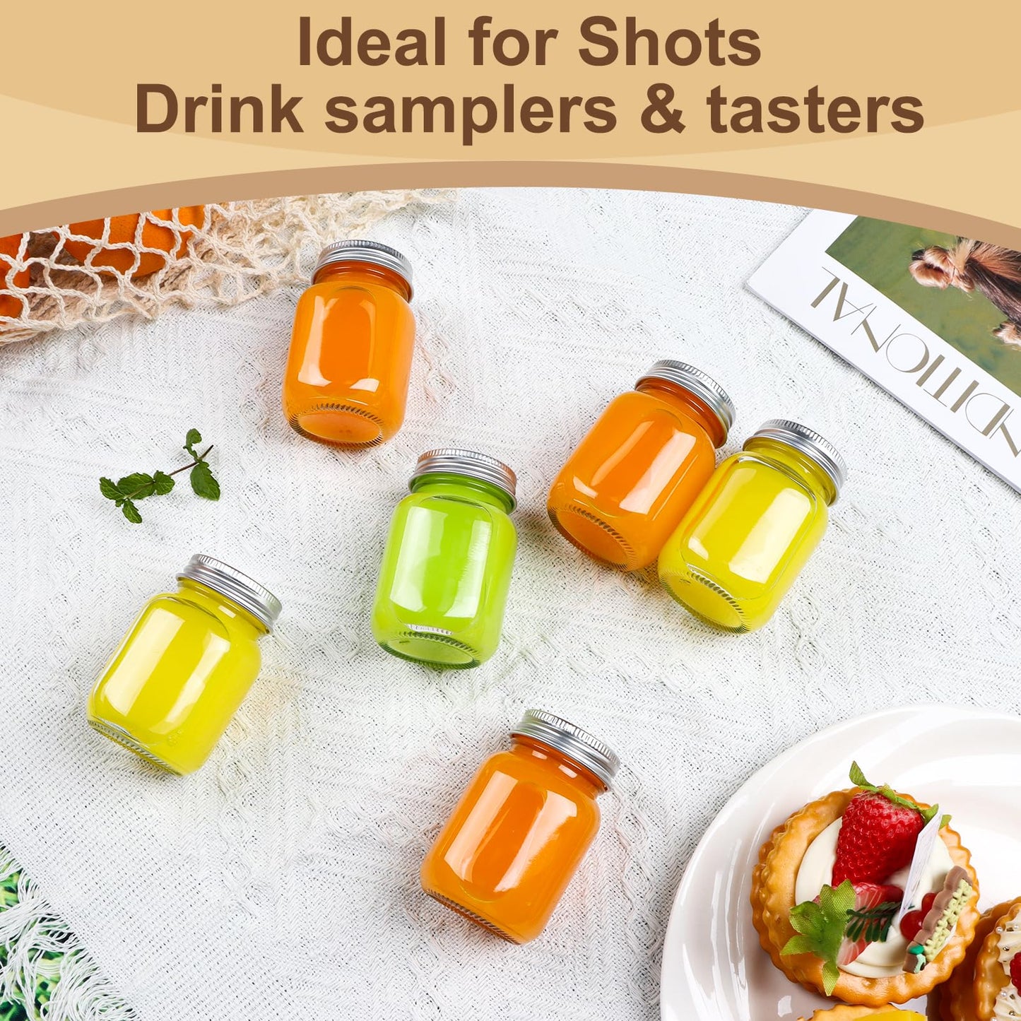 12 Pack 2 oz Mason Jars with Silver Lids, Mini Glass Jar for Ginger Shots, Small Juice Shot Bottles with Caps, Container for Wellness Beverage Storage Candle Gifts Honey Jam Spices Party Favors