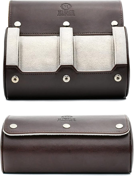 2 Watch Travel Case for Men - Mirage Watch Roll Gift Accessory - Espresso/Ivory Vegan Leather