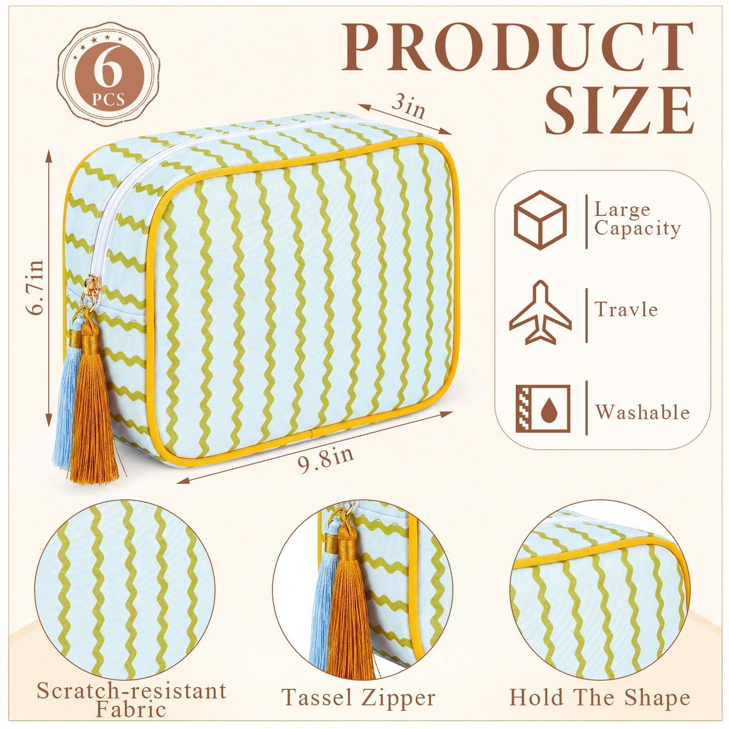 Kacctyen 6 Pack Mustard Yellow and Sage Green Striped Makeup Bag bulk with Tassel Travel Cosmetic Pouch Organizer Large Zipper Toiletry Case for Women Aesthetic Storage Pouch Mahjong Tile Bag