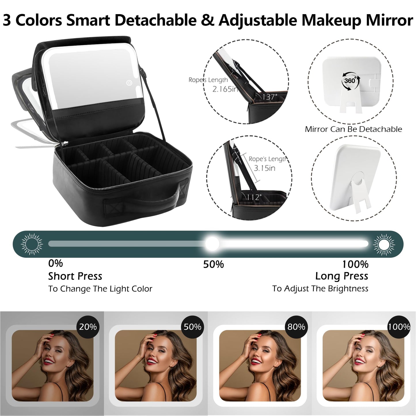 MOMIRA Travel Makeup Bag Cosmetic Bag Makeup Organizer Bag with Lighted Mirror, Adjustable Brightness in 3 Color Scenarios, Waterproof Makeup Train Case, Gift for Women - Woven black