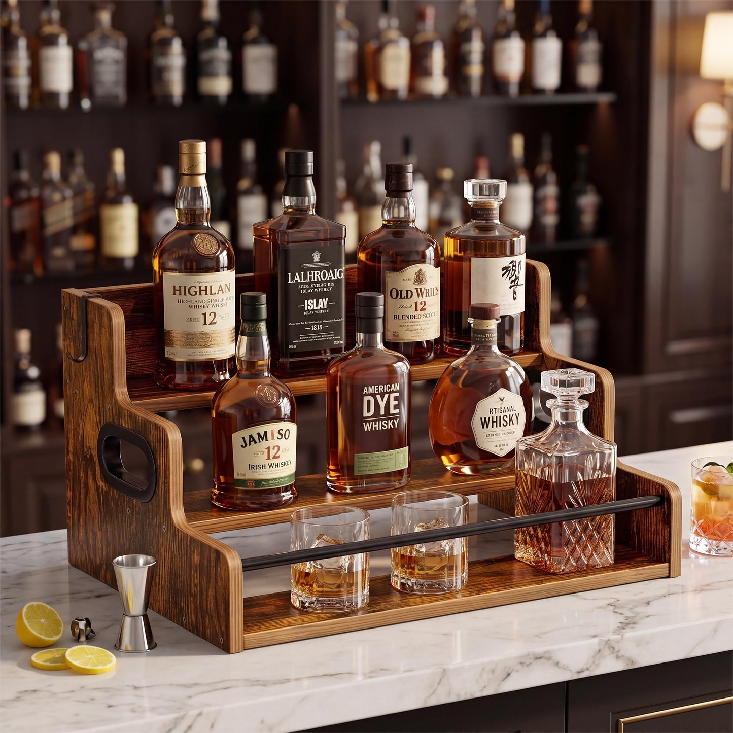YOUDENOVA Liquor Bottle Display Shelf, Tabletop Wine Rack, 3-Tier Countertop Liquor Wine Rack for Liquor Whiskey, Coffee Syrup Rack Organizer and Home Bar Storage