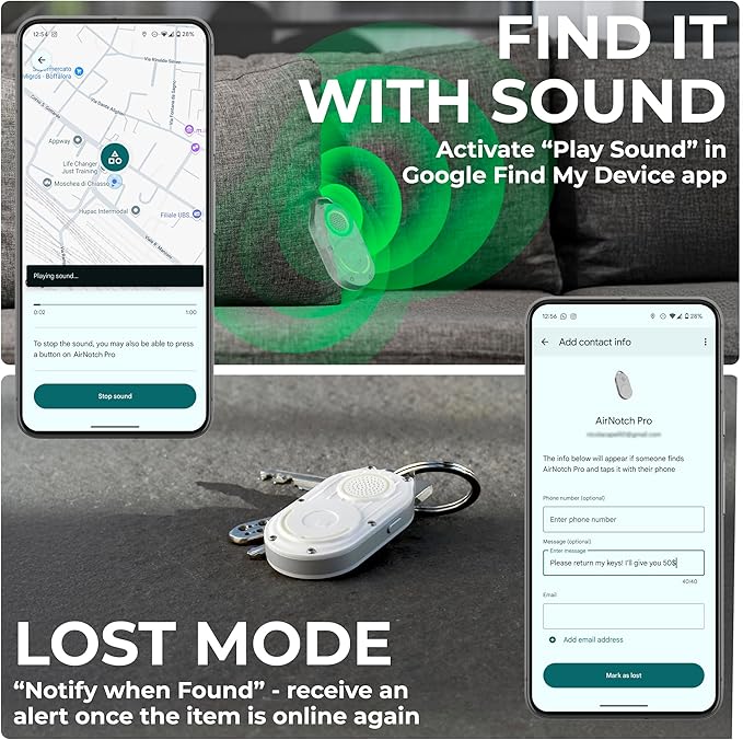Rolling Square AirNotch Pro – Android Find Hub Only - Bluetooth Tracker Keychain (2 Pack), Replaceable Batteries, 360° Sound, Anti-Loss Locator, Waterproof, White