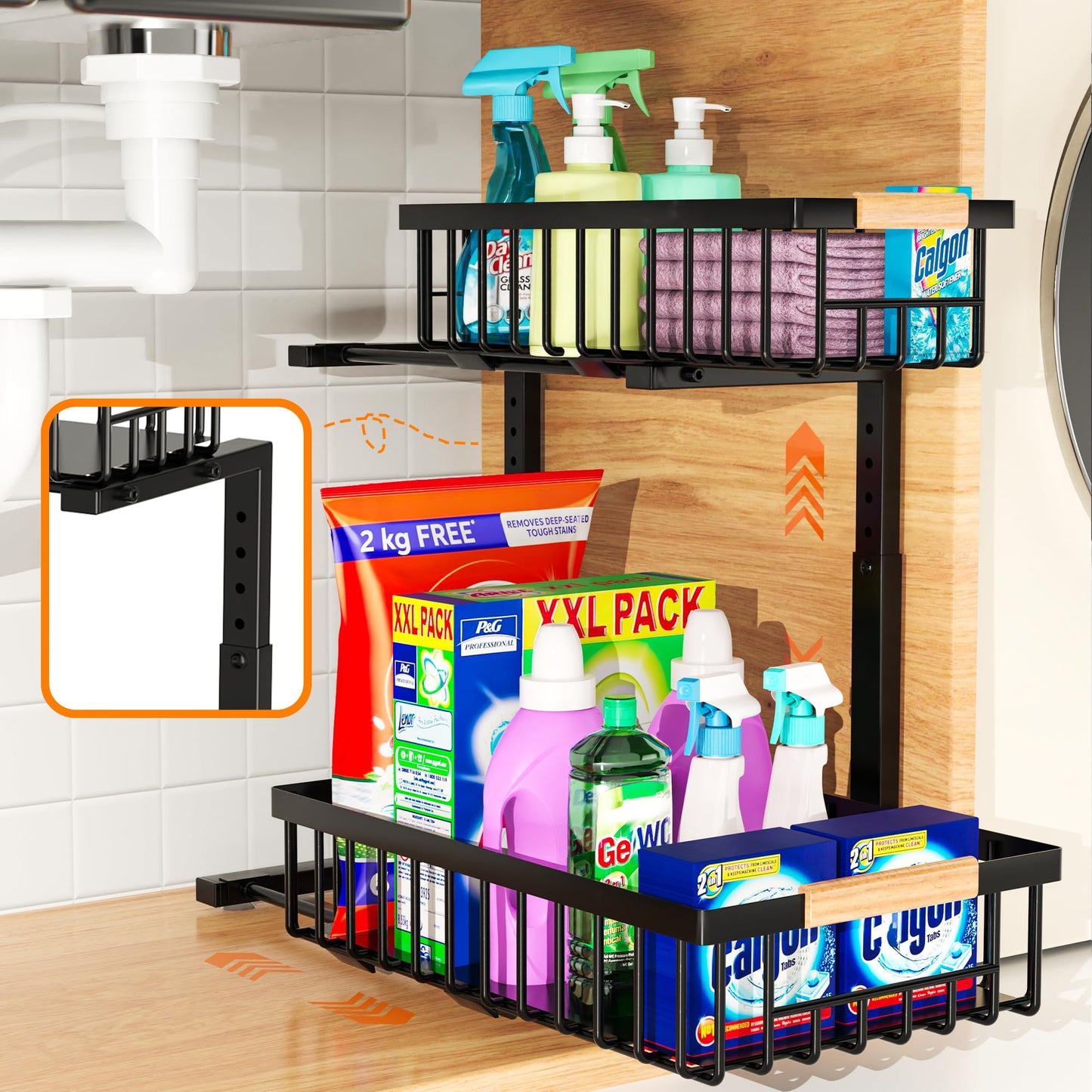 HOMVIA Under Sink Organizer, 2-Tier Pull-Out Cabinet Organizer – Adjustable Height, Left or Right Install – Smooth Slide-Out Drawers, Heavy-Duty Metal Rack for Kitchen & Bathroom, 1 Pack