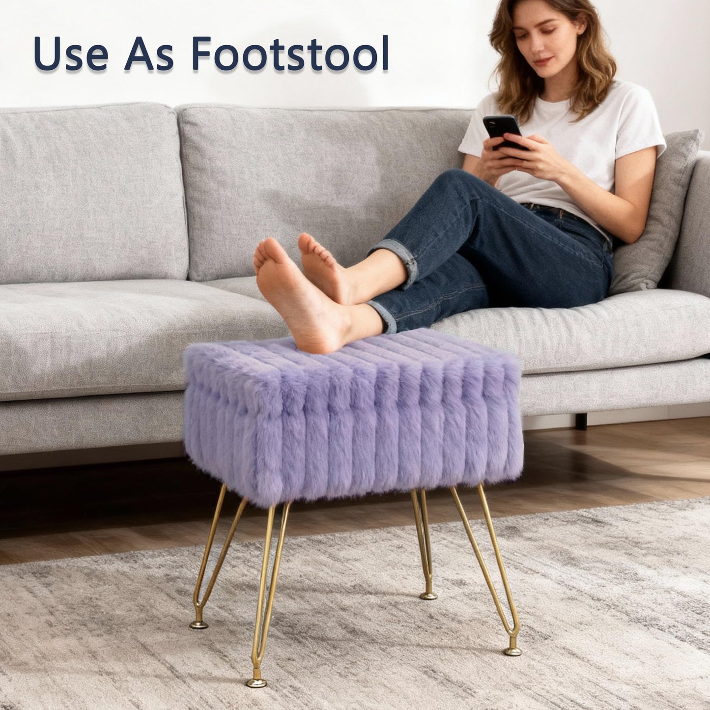 xupersodys Vanity Stool Chair with Storage, Faux Fur Soft Padded Ottoman with Coffee Table, Modern Vanity Chair Fluffy Footstool with Metal Legs for Makeup, Living Room,Bedroom Purple