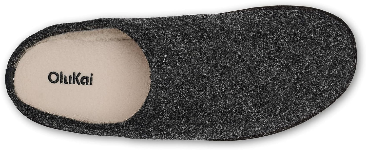 OLUKAI Hamani Hulu Men's Wool Mule Slippers, Soft & Comfortable Slippers with Premium Materials, Sheepskin Shearling & Italian Felt, All-Day Wear, Dk Shadow/Dk Shadow, 8