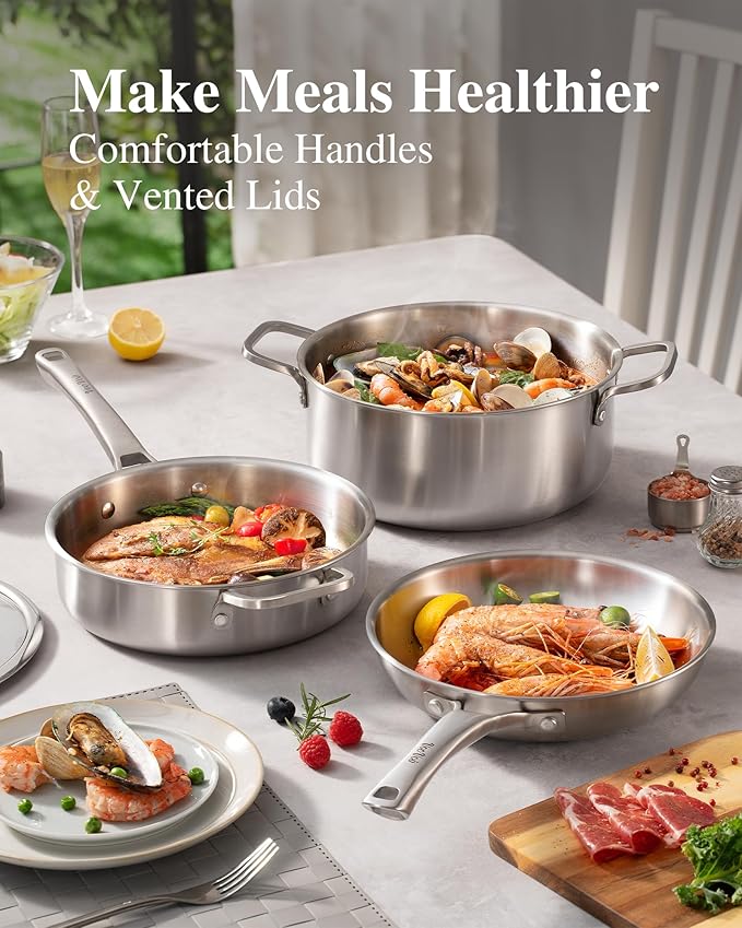 Stainless Steel Cookware Set,Tir-Ply Pots and Pans Set,10 Pcs Stainless Steel Induction Kitchen Cookware Sets,PFOA Free, Frying Pans,Saucepans,Saute Pan & Stock Tagine Pot,Compatible with All Cooktops