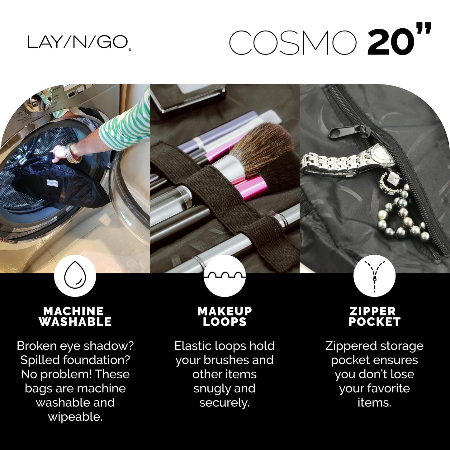Lay-n-Go Cosmo Layflat Drawstring Cosmetic & Makeup Bag Organizer w/Zipper Pocket, Brush Loops & More, Cinch to Close, Lay Flat to Use, Durable, Machine Wash, Travel Toiletry Bag (20", Navy/Green)