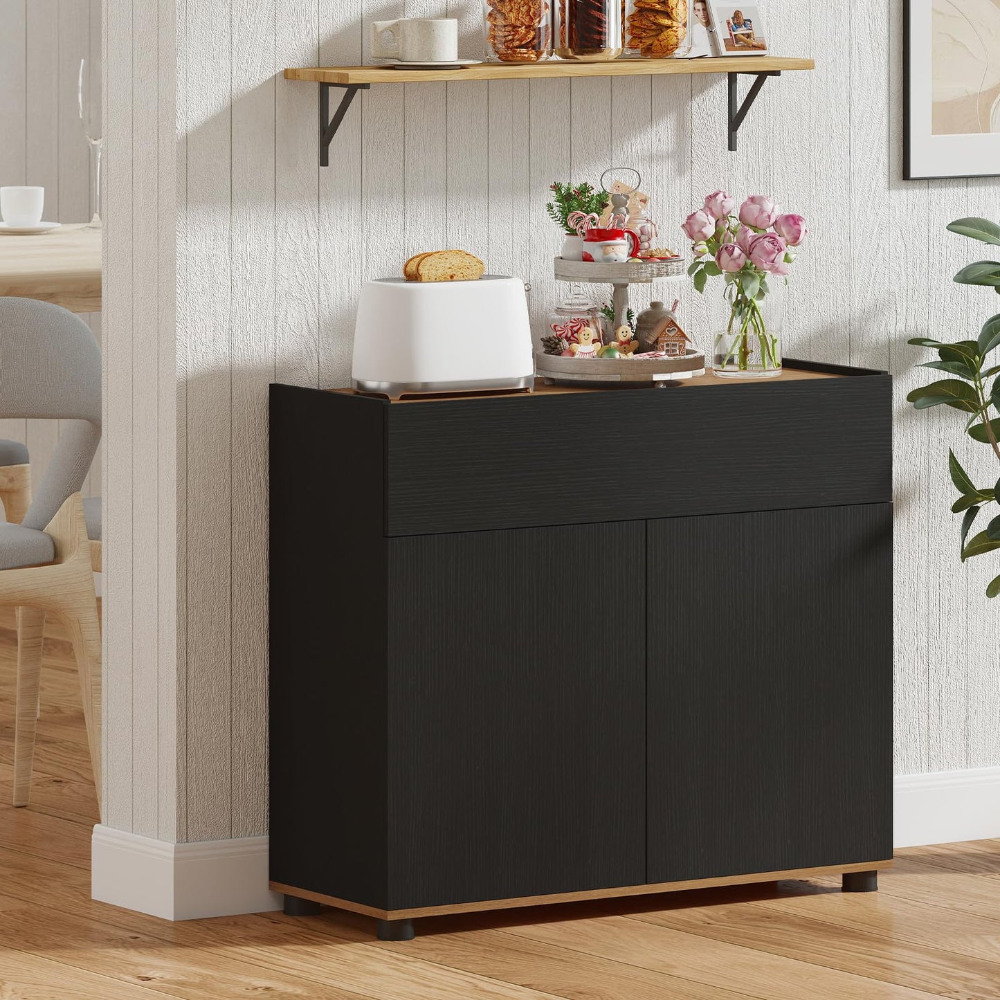Giantex Sideboard Buffet Cabinet with Storage, Wooden Kitchen Storage Cabinet with Drawer and Push-to-Open Doors, Modern Coffee Bar Cabinet for Kitchen Living Room, 31.5”x12”x27.5” (Black)