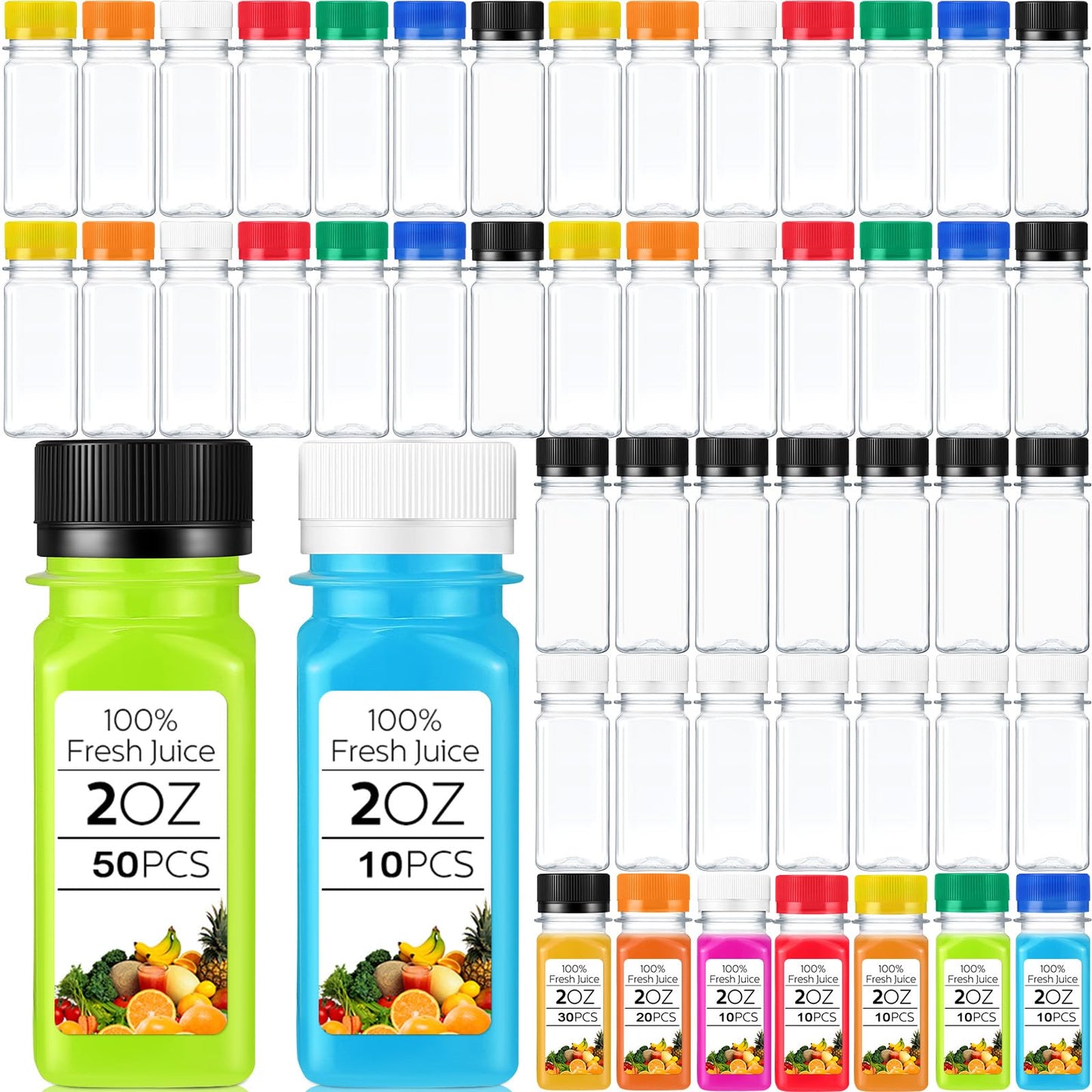 Roshtia 100 Pcs 2oz Small Clear Plastic Juice Bottles with Lid for Liquids Reusable Ginger Shots Bottle Vial Beverage Container Leak Proof Mini Jars for Juice, Milk, Water (Mixed Color)