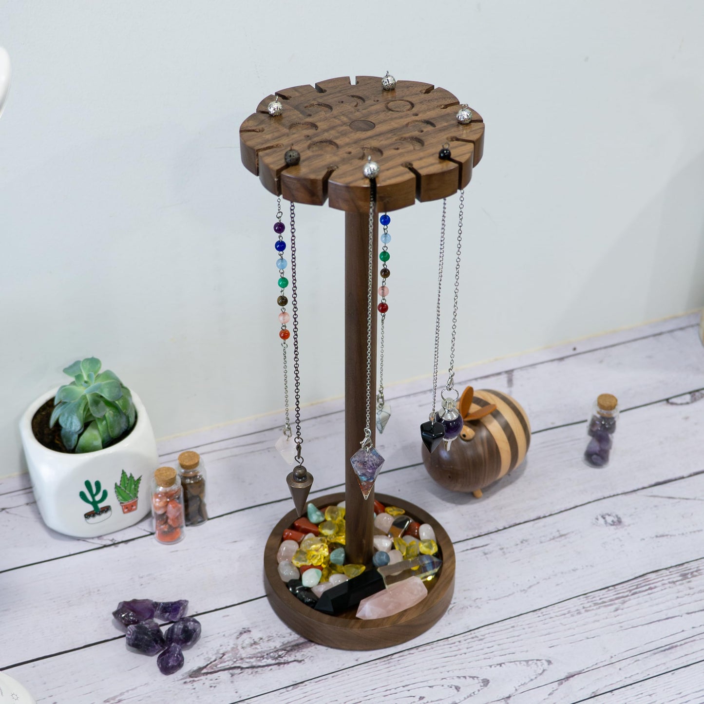 Kihomi Crystal Pendulum Stand with Tray - Walnut Moon Phase Round Crystal Display Holder up to 16 Pendulums and Healing Stone Rack, Wood Aesthetic Witchy Decor Ideal Witchcraft and Wiccan Supplies for