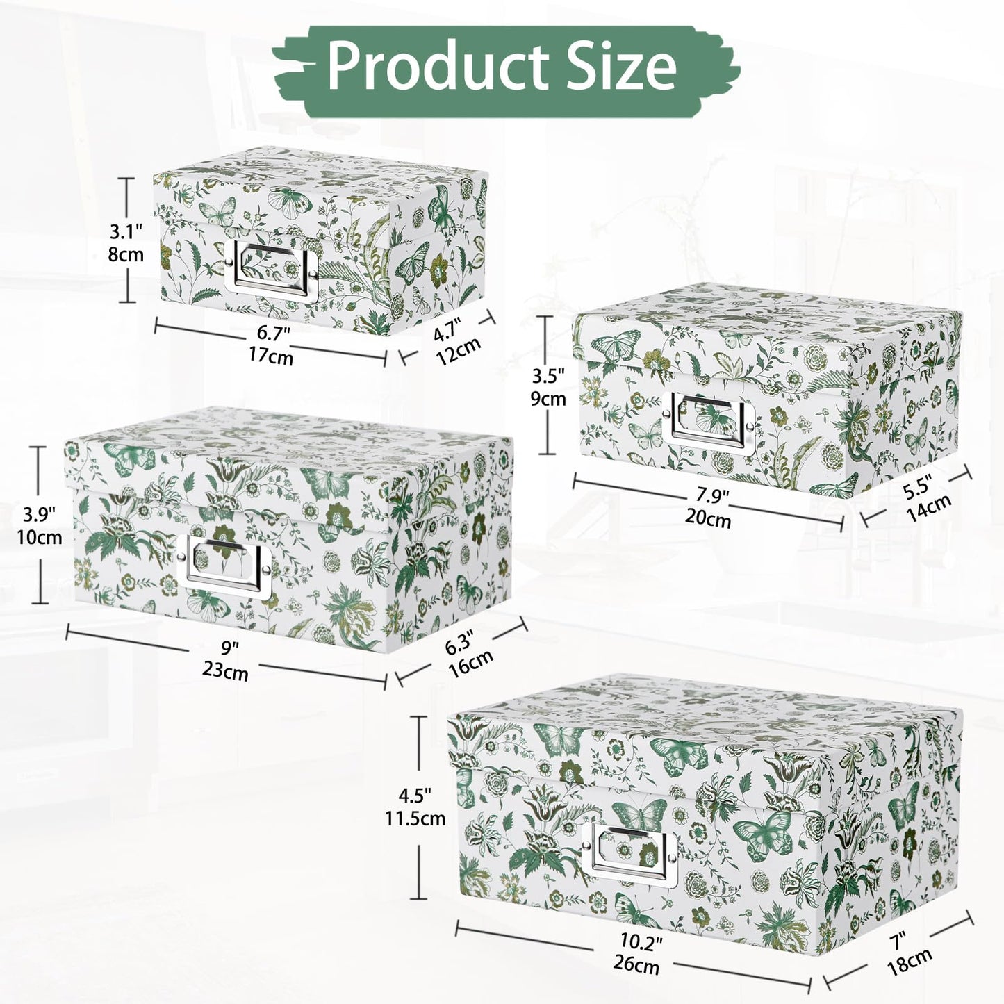 Briful Decorative Storage Boxes with Lids, 4 Pack Green Floral Cardboard Nesting Gifts Boxes with Metal Label Holders, Stackable Keepsake Photo Organizers for Home Closet Shelf Bedroom Office Decor
