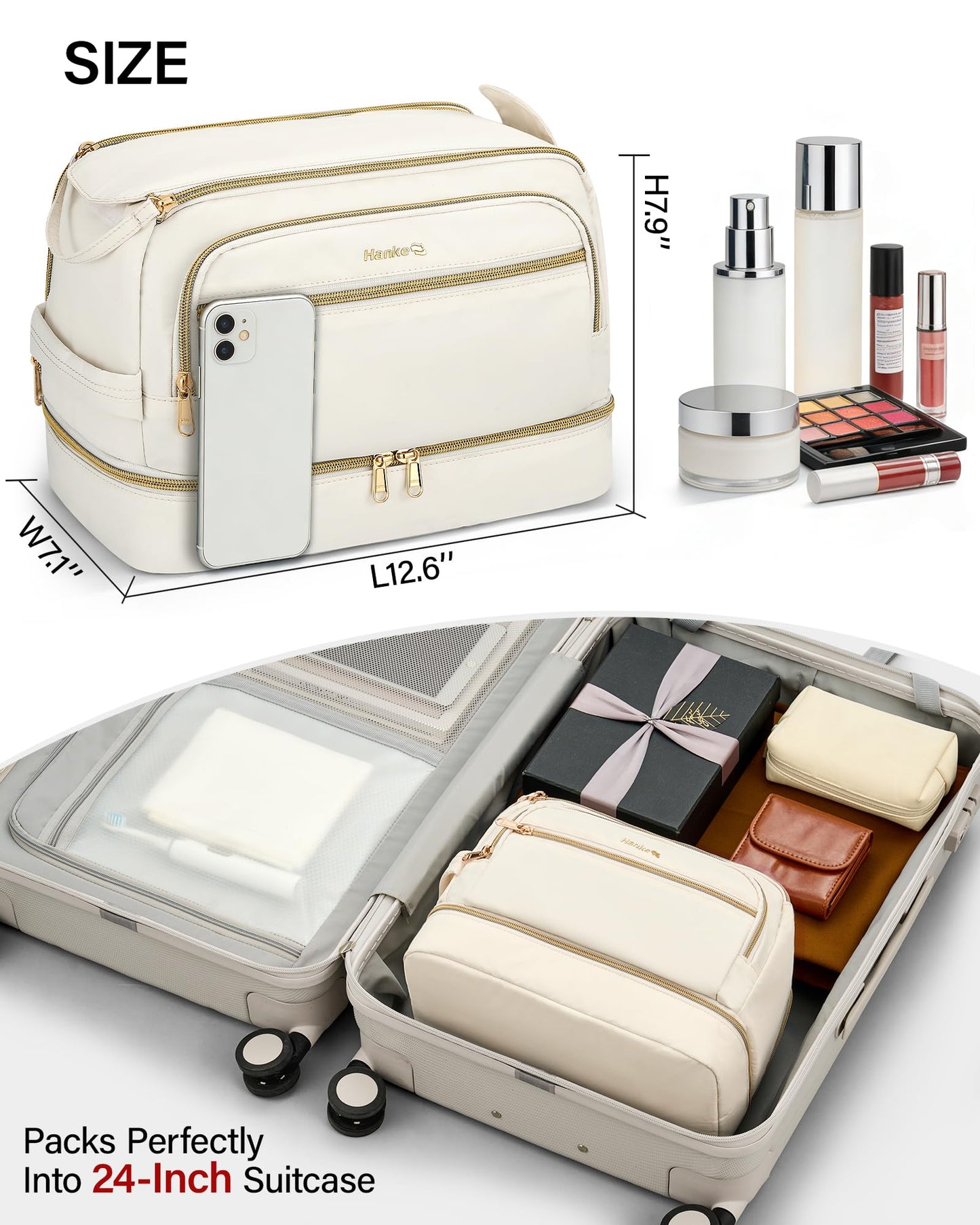 Hanke Travel Toiletry Bag, Lightweight Wide-open Makeup Bag, Dual-Layer Travel Bag for Toiletries Water-Resistant Cosmetic Bags Large Toiletry Bags for Women & Men, Travel Essentials, Off White