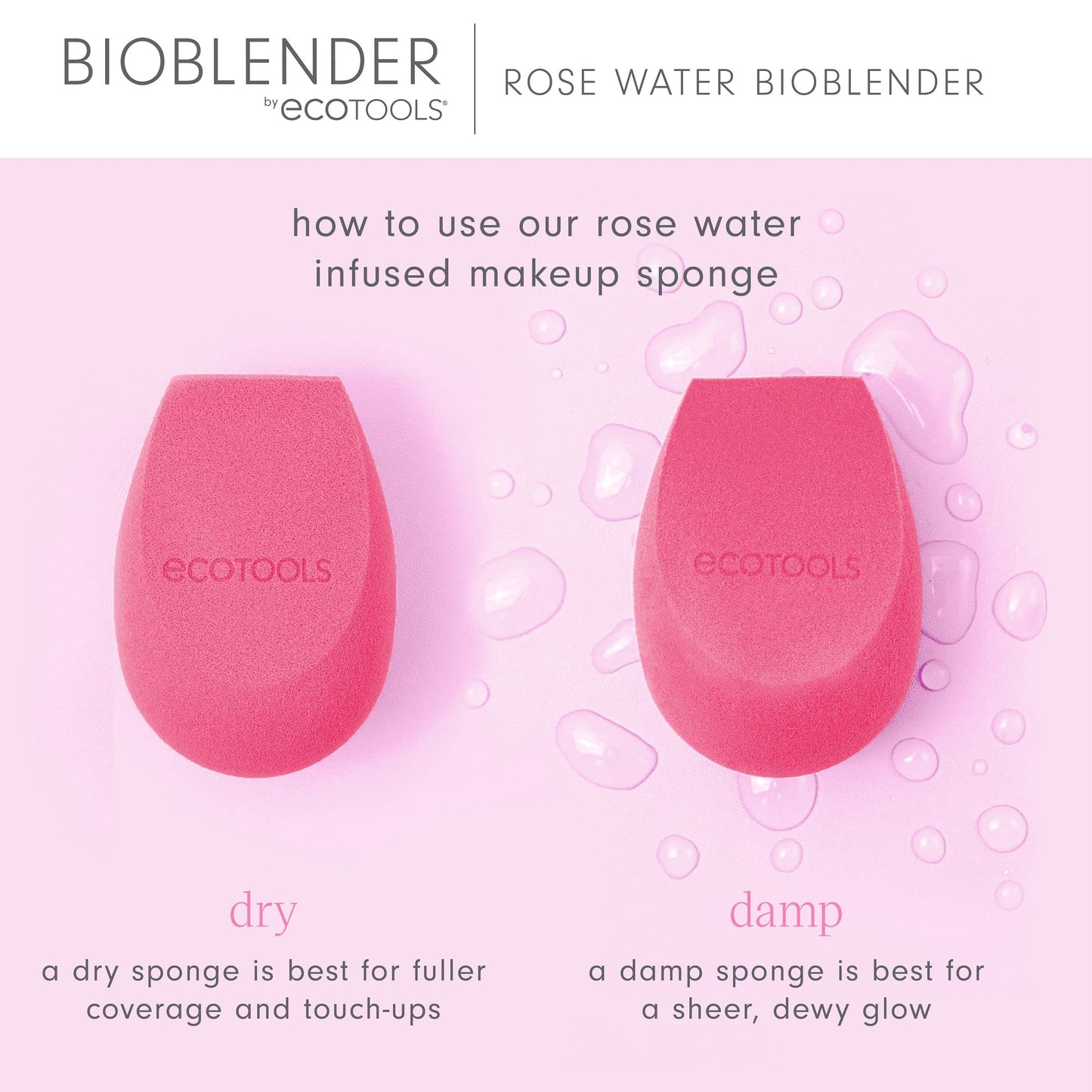 EcoTools Rose Water Bioblender, Compostable Makeup Blending Sponge, For Liquid & Cream Foundation, Base Coverage, Anti-inflammatory Ingredients, Pink, Cruelty Free & Vegan, 1 Count