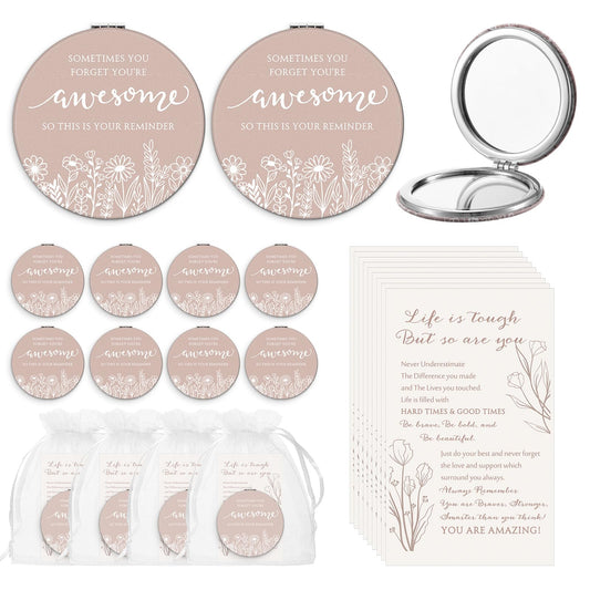 CroBlissful Inspirational Gifts for Women Bulk Wildflower Compact Mirror Makeup Purse Double Sided Folding Mirror Inspirational Gift Cards with Bag for Women(12 Set,Classic)