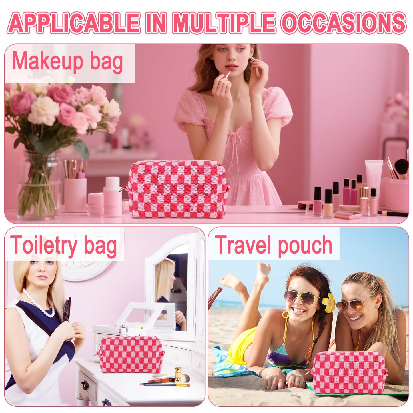 ZLFSRQ 6Pcs Checkered Pencil Case Cute Pencil Pouch for Teens Checkered Makeup Bag Pink Medium Travel Cosmetic Bag Makeup Pouch for Purse Aesthetic Trendy Zipper Toiletry Bags Organizer