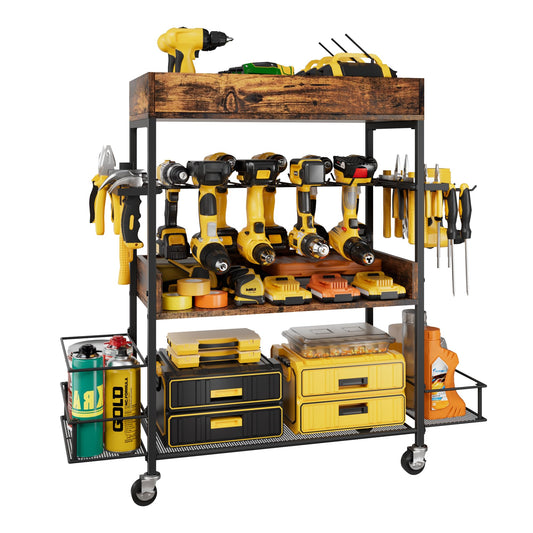 Dunatou 4 Tier Rolling Tool Cart for Garage, Power Tool Organizer with Drill Rack, Hooks & Shelves – Garage Storage Organizer for Men or Dad, Tool Chest on Wheels Workshop Storage (Rustic Brown)