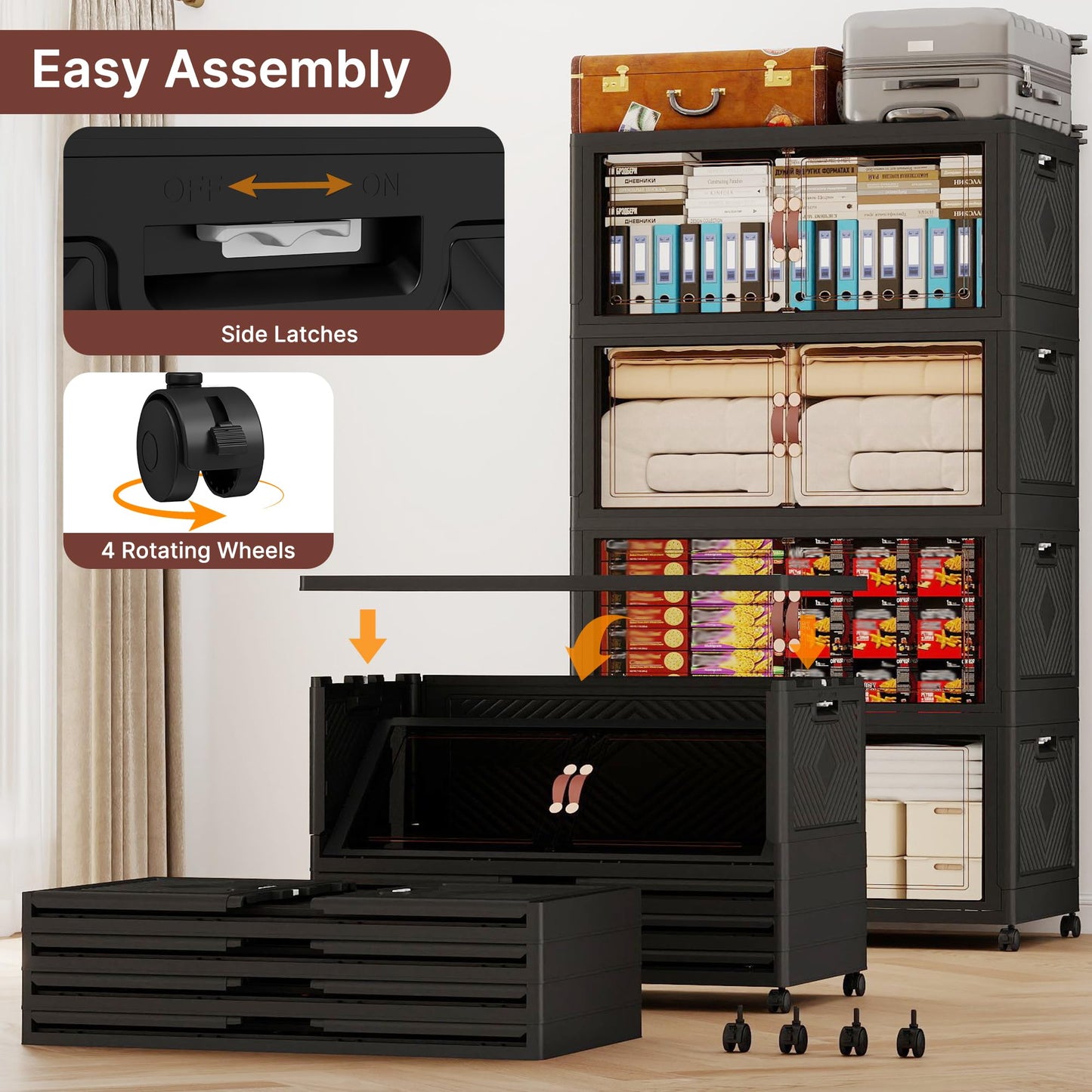 VNVTO 1136QT Extra Large Stackable Storage Bins with Lids & Wheels & Door, 284Gal Foldable Collapsible Closet Organizers, Plastic containers drawers for bedroom Dorm