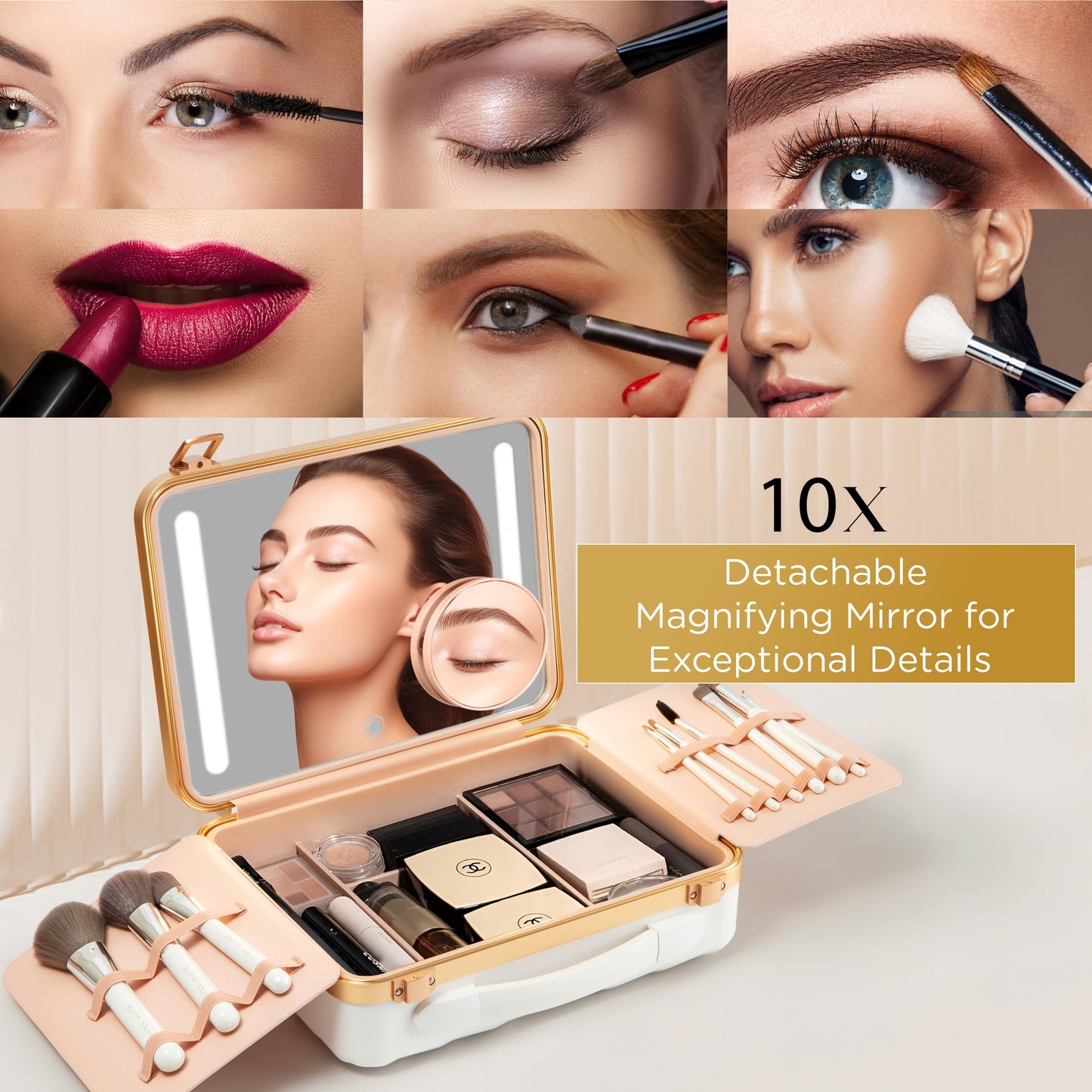 NJ GLAM Lighted Makeup Case with Mirror + 10x Mini Mirror - Portable, 3 LED Modes, Adjustable Dividers I Travel Makeup Train Case & Organizer I USB Rechargeable I (White)