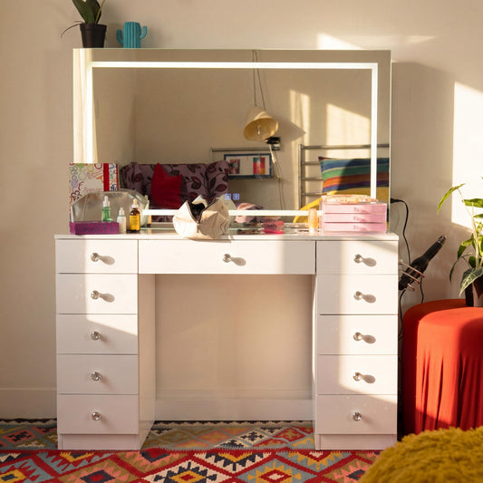 Boahaus Amelia Vanity Desk with LED Mirror – Complete Makeup Station with 11 Drawers, Integrated Power & Built-in Speakers