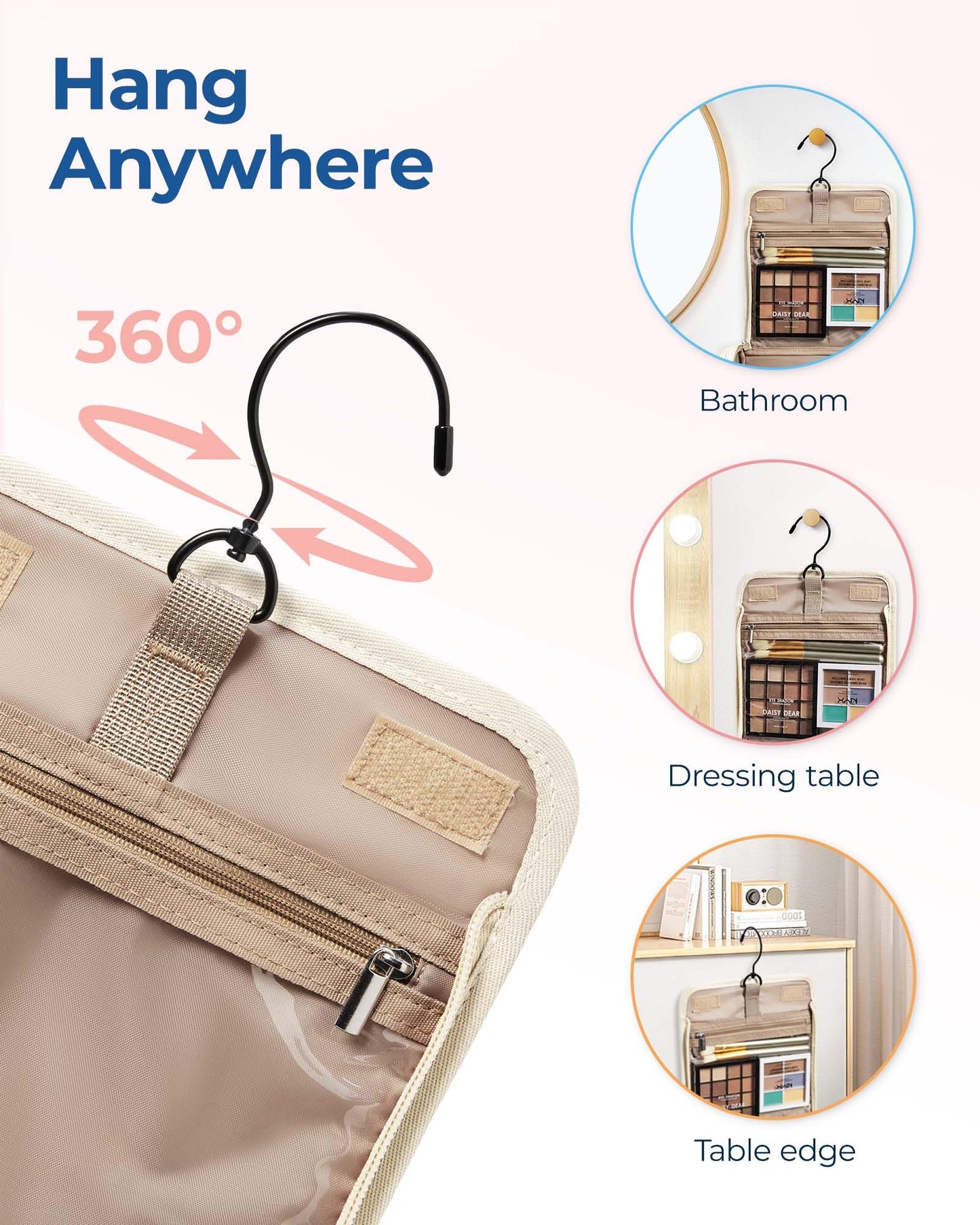 BAGSMART Travel Toiletry Bag, Large Capacity Cosmetic Bags for Women with Hanging Hook, Water-resistant for Toiletries Accessories Brushes Sponge, With Handle