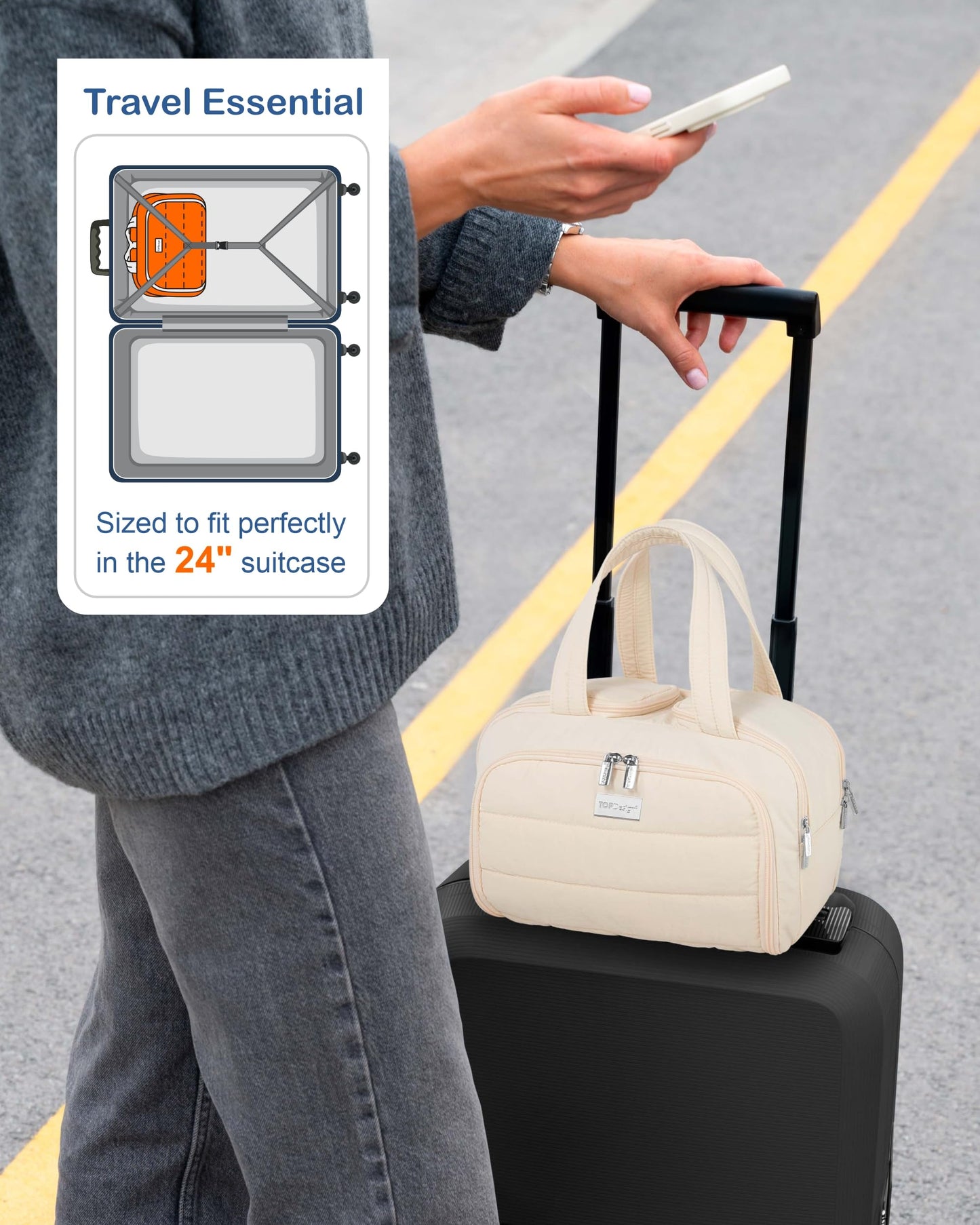 TOPDesign Travel Toiletry Bag for Women, Puffer Large Toiletry Bag, Lightweight Cosmetic Makeup Organizer with Handle for Traveling, Accessories, Essentials, Toiletries (Beige)