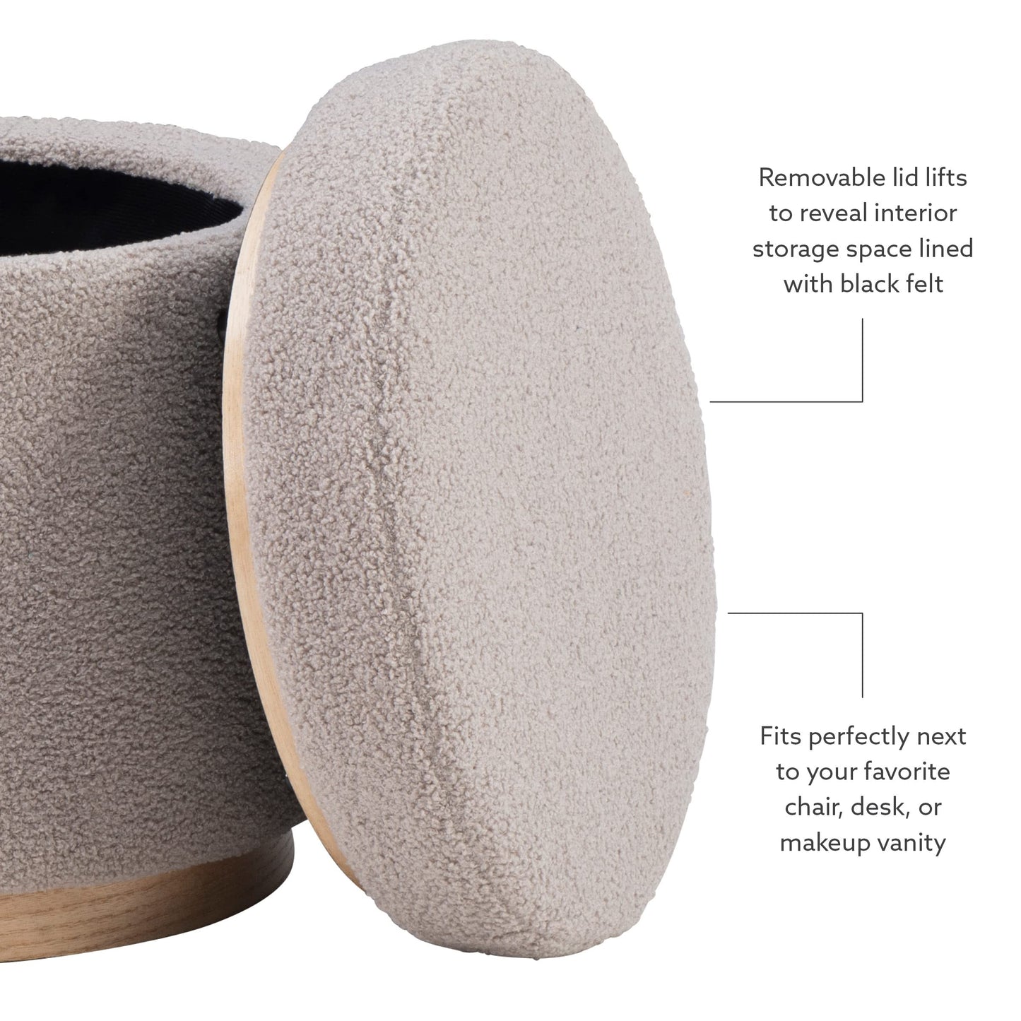 Linon Lexington Grey Sherpa Round Storage Ottoman with Wood Accent