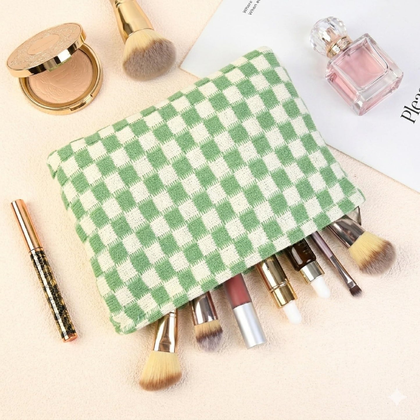 SOIDRAM 2 Pcs Checkered Makeup Bag Large Cosmetic Bag Toiletry Bag Makeup Pouch Travel Bag Organizer Cute Makeup Brushes Aesthetic Accessories Storage Bag for Women Green