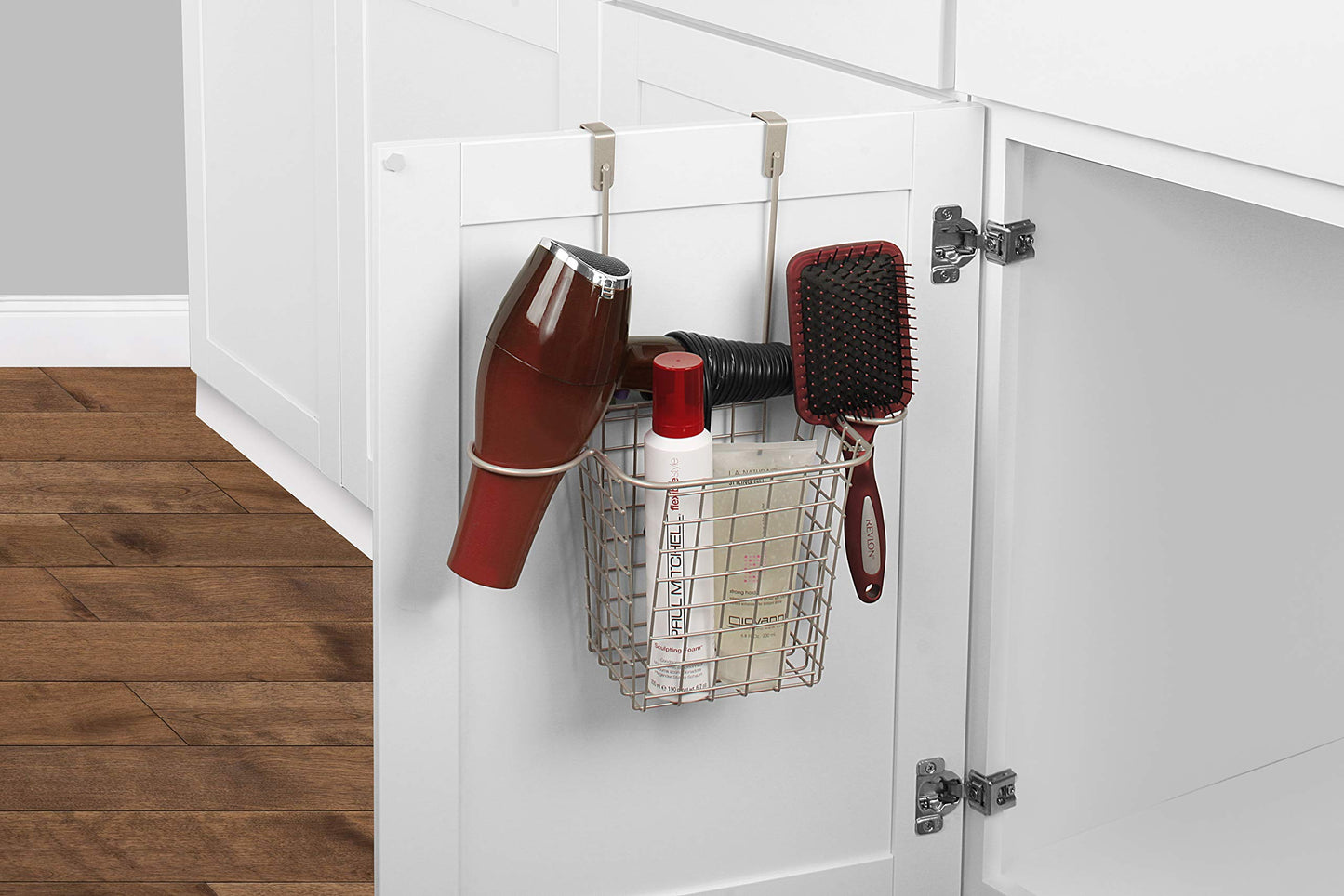 Spectrum Grid Over the Cabinet Styling Station (Satin Nickel) - Tall Bathroom & Under Sink Organizer for Hair Dryer, Beauty Tools, Accessories, & Home Essentials