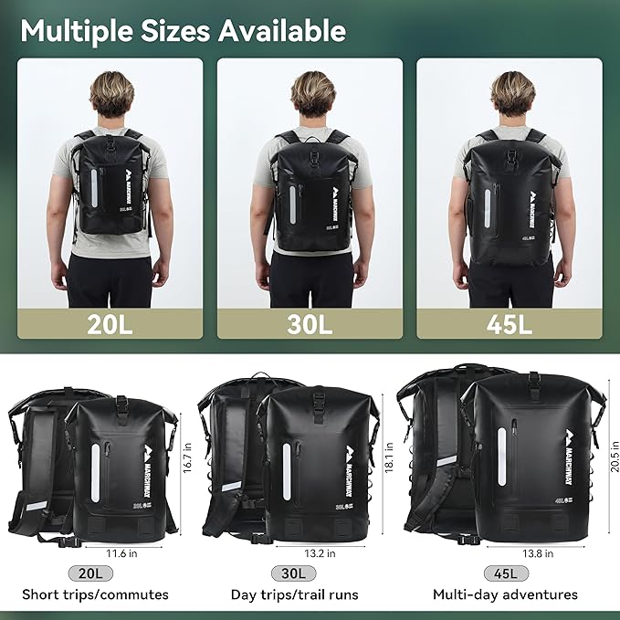 MARCHWAY Roll Top Waterproof Backpack, Floating Dry Bag 20L/30L/45L with Ergonomic Rectangular Base, Cushioned Back, Hip Strap for Hiking Camping Kayaking Travel (Black, 20L)