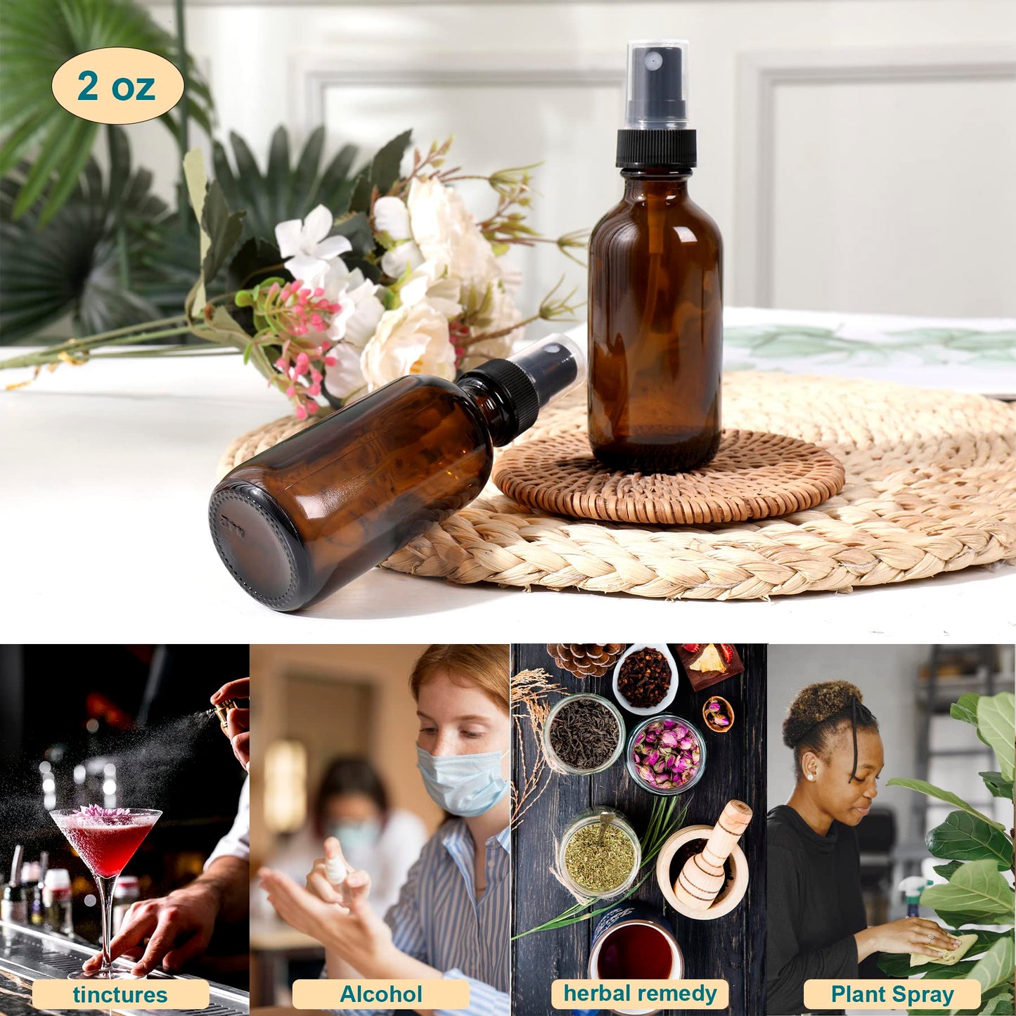 NOOEEISS Amber Glass Small Spray Bottle 2 oz 48 Packs,Fine Mist Sprayer Small Clear Bottles,Refillable Containers mini spray bottles for Cleaning Solutions and Skin Care (Amber 48pcs)