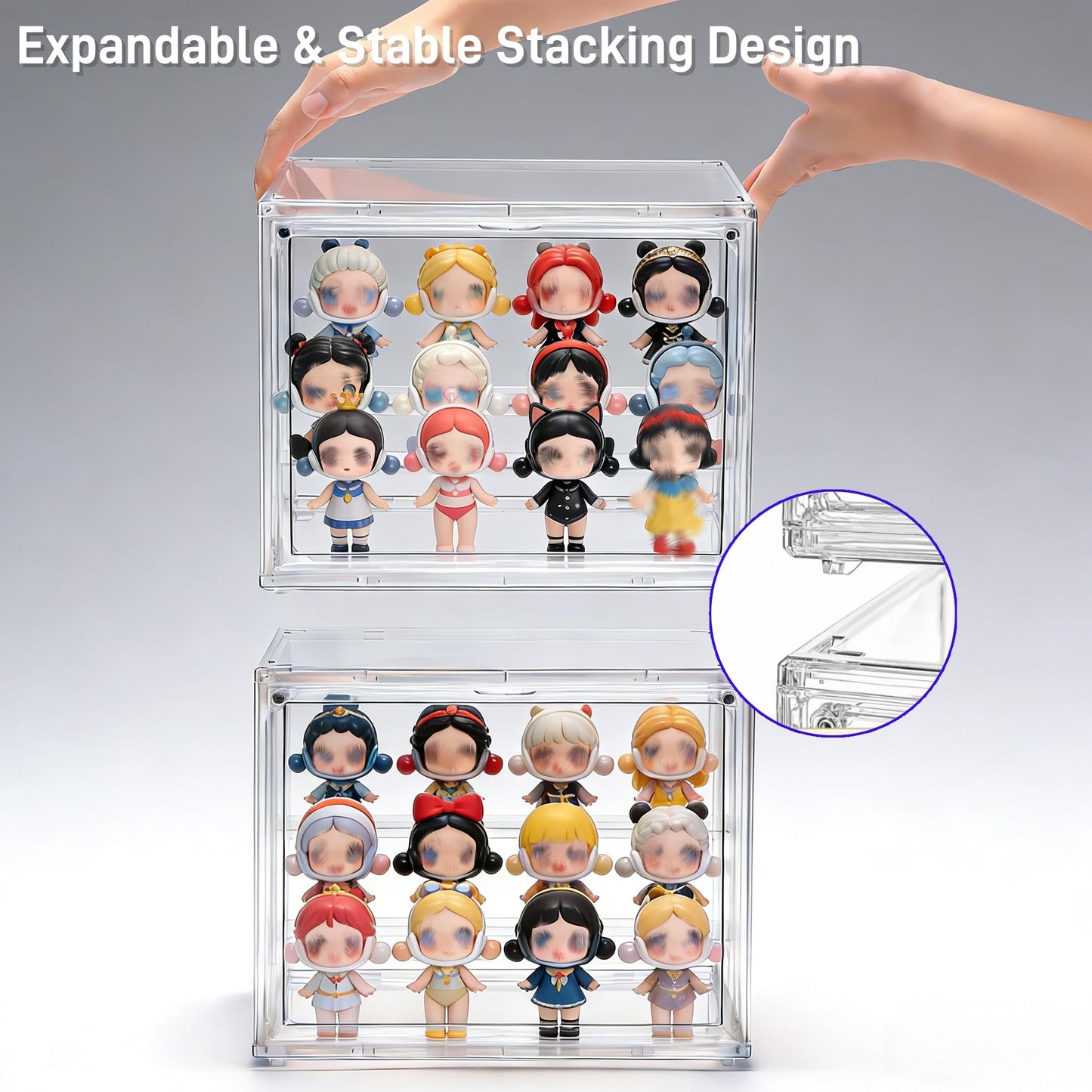 YIMITEE 2 Pack Clear Acrylic Display Case, 3 Tier Small Adjustable Display Box, Collectible Showcase with Magnetic Door, Figure Storage Shelf, Stackable Purse Organizer for Closet, Book, Cosmetic